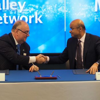 Lehigh Valley Health Network President and CEO Brian Nester (left) and Medtronic Chairman and CEO Omar Ishrak
